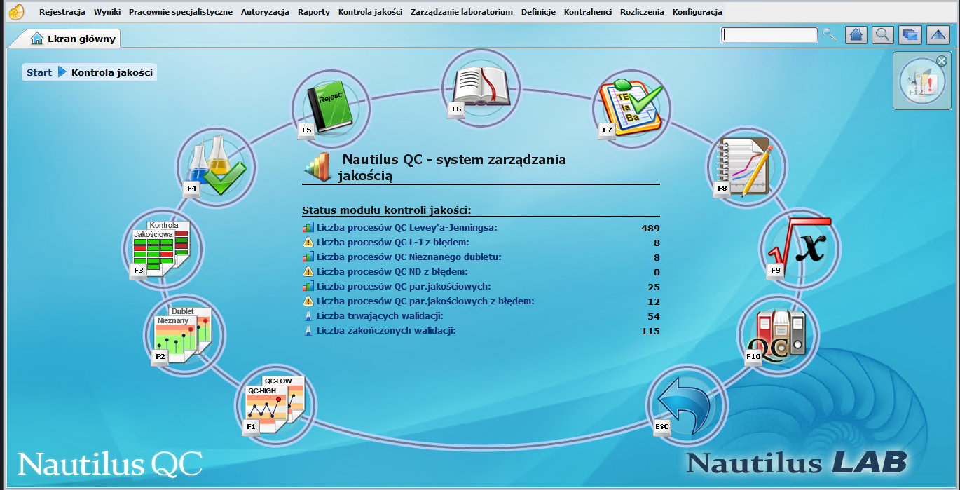 Ekran główny modułu QC systemu Nautilus LAB LIMS